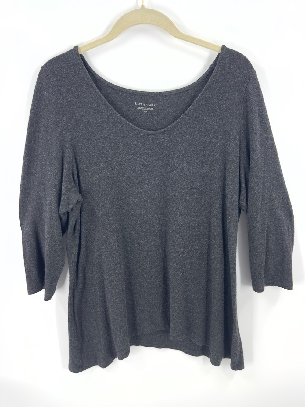 Eileen Fisher Soft Stretch Shark Bite Hem Top Gray Size Large Lagenlook Capsule